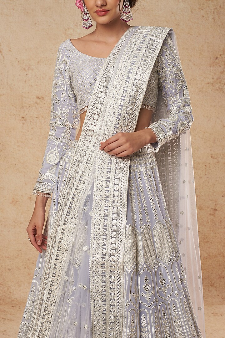 Blue Georgette Bridal Lehenga Set With Silver Foil Work by Falguni Shane Peacock India at Pernia's Pop Up Shop