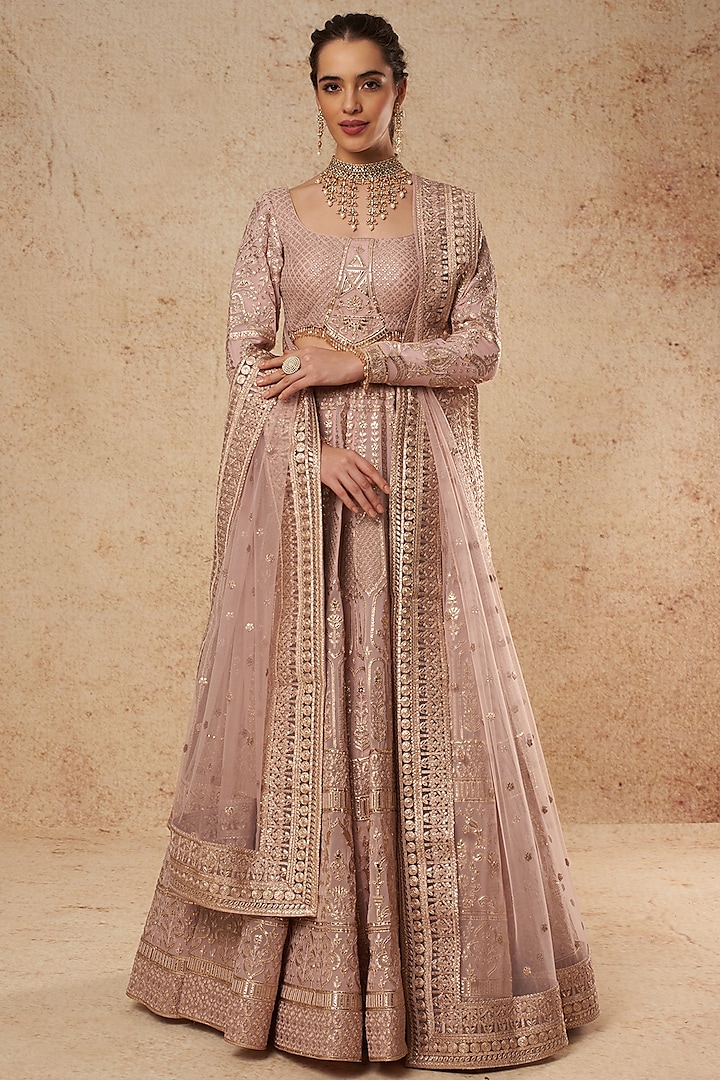 Mauve Georgette Bridal Lehenga Set With Foil Work  by Falguni Shane Peacock India at Pernia's Pop Up Shop