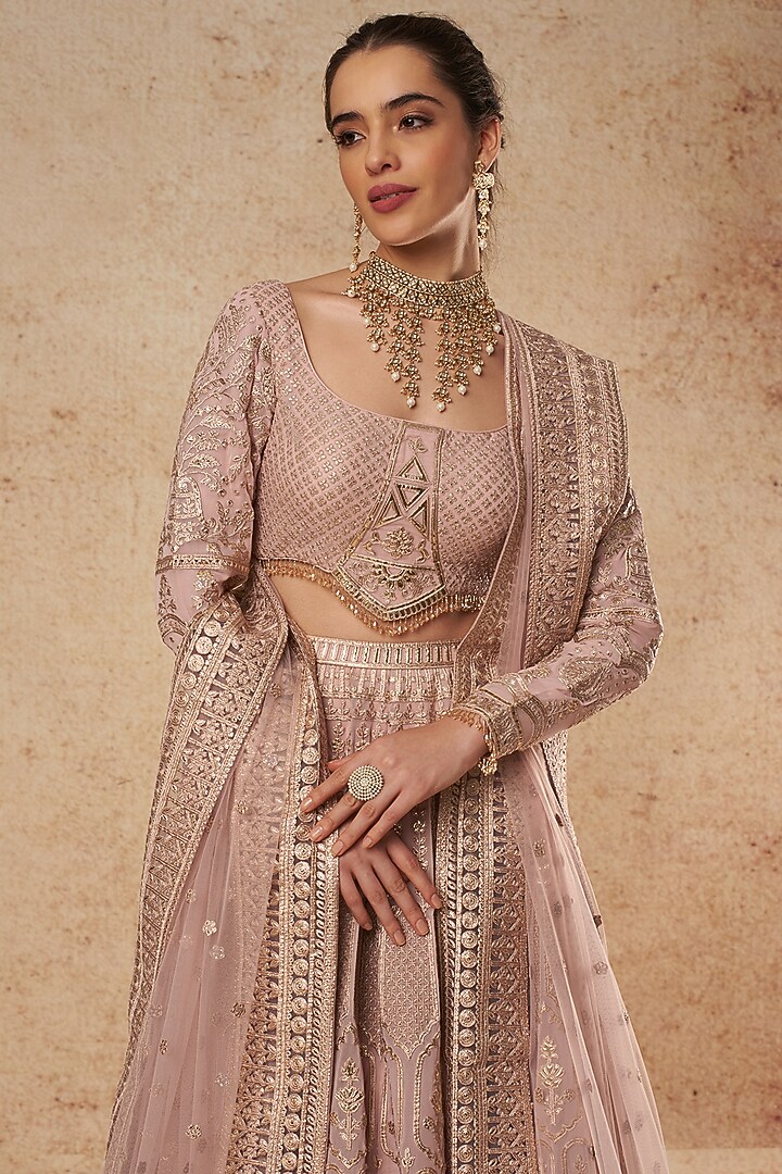 Mauve Georgette Bridal Lehenga Set With Foil Work by Falguni Shane Peacock India at Pernia's Pop Up Shop
