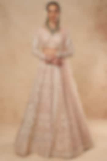 Blush Pink Tulle Bridal Lehenga Set With Foil Work by Falguni Shane Peacock India at Pernia's Pop Up Shop