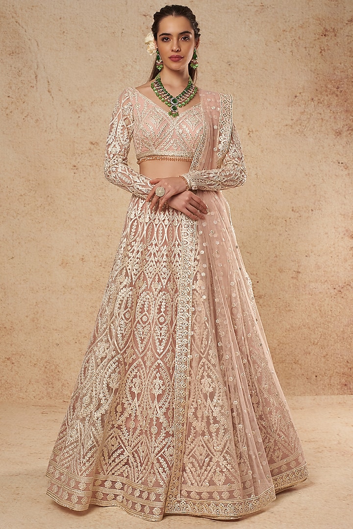 Blush Pink Tulle Bridal Lehenga Set With Foil Work by Falguni Shane Peacock India at Pernia's Pop Up Shop