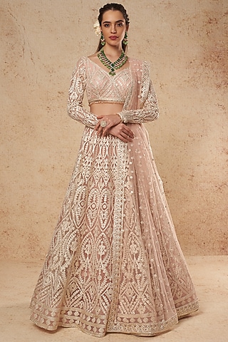 Blush Pink Tulle Lehenga Set With Foil Work  by Falguni Shane Peacock India
