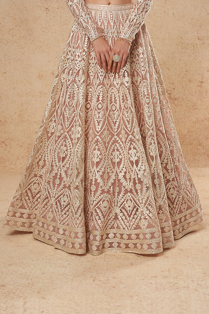 Blush Pink Tulle Bridal Lehenga Set With Foil Work by Falguni Shane Peacock India at Pernia's Pop Up Shop