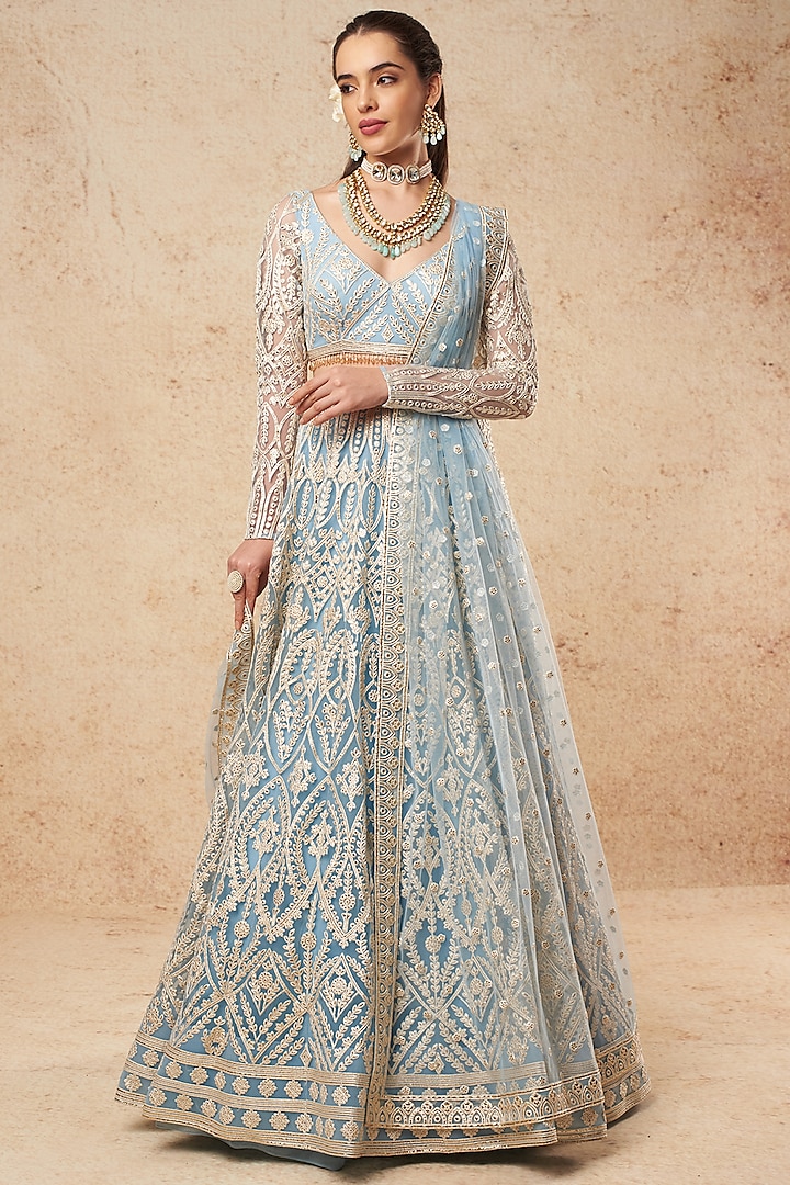 Sky Blue Tulle Bridal Lehenga Set With Foil Work  by Falguni Shane Peacock India at Pernia's Pop Up Shop