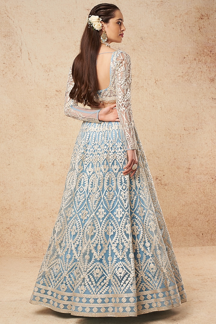 Sky Blue Tulle Bridal Lehenga Set With Foil Work  by Falguni Shane Peacock India at Pernia's Pop Up Shop