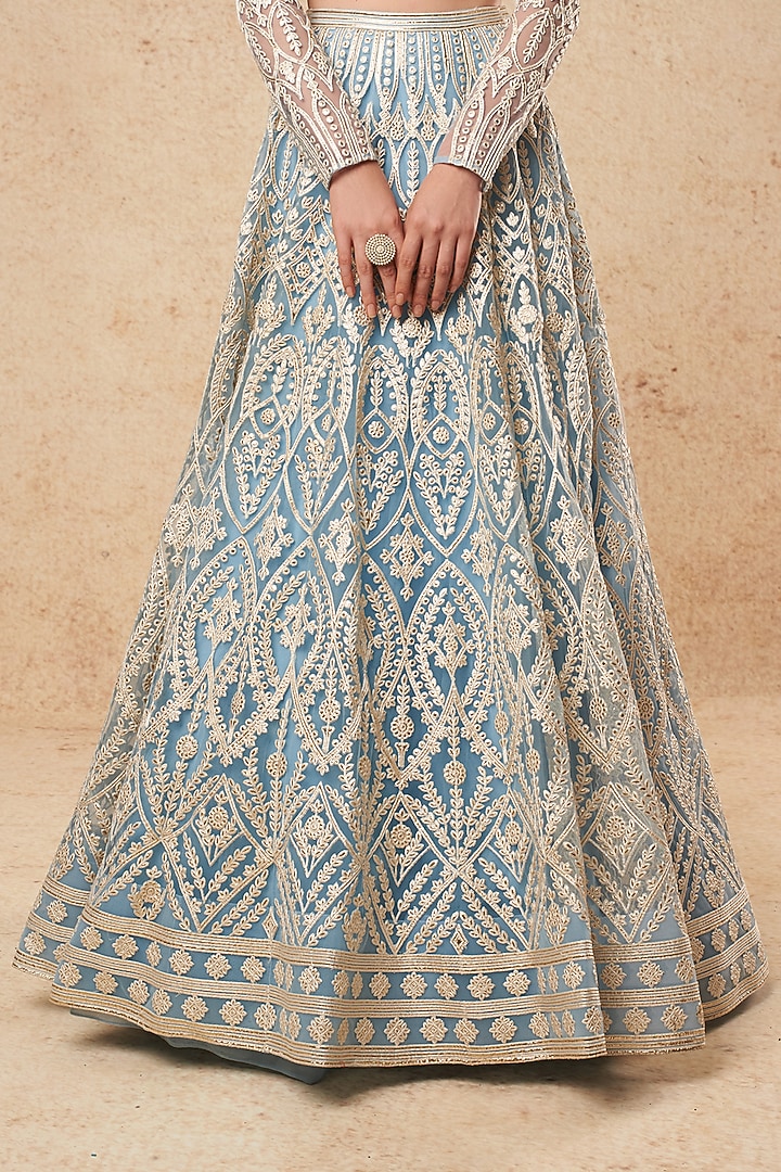 Sky Blue Tulle Bridal Lehenga Set With Foil Work  by Falguni Shane Peacock India at Pernia's Pop Up Shop