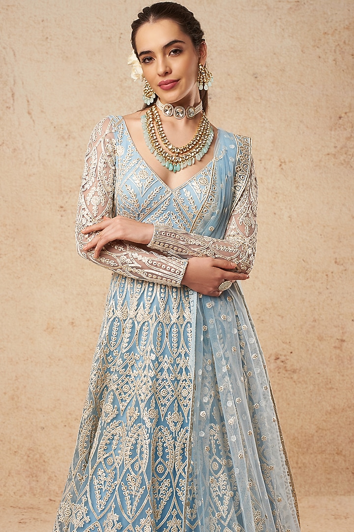 Sky Blue Tulle Bridal Lehenga Set With Foil Work  by Falguni Shane Peacock India at Pernia's Pop Up Shop