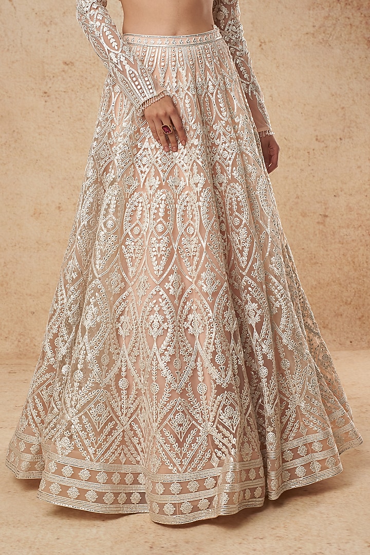 Peach Tulle Silver Foil Bridal Lehenga Set by Falguni Shane Peacock India at Pernia's Pop Up Shop