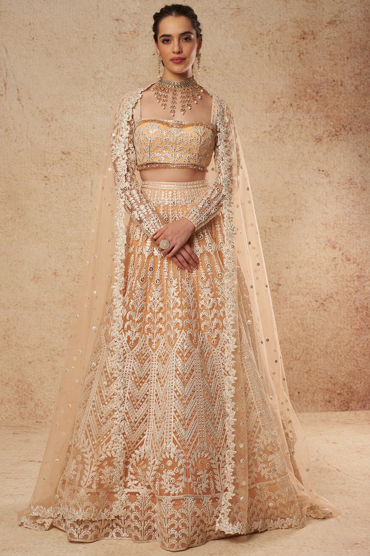 Peach Tulle Bridal Lehenga Set With Foil Work  by Falguni Shane Peacock India at Pernia's Pop Up Shop