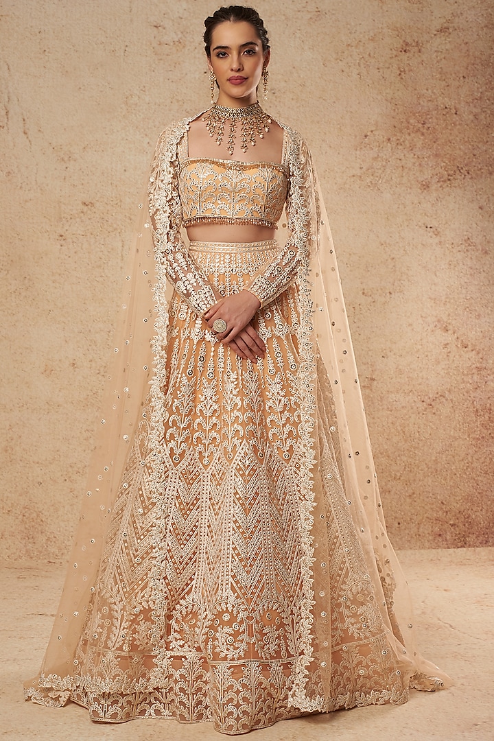 Peach Tulle Bridal Lehenga Set With Foil Work  by Falguni Shane Peacock India at Pernia's Pop Up Shop