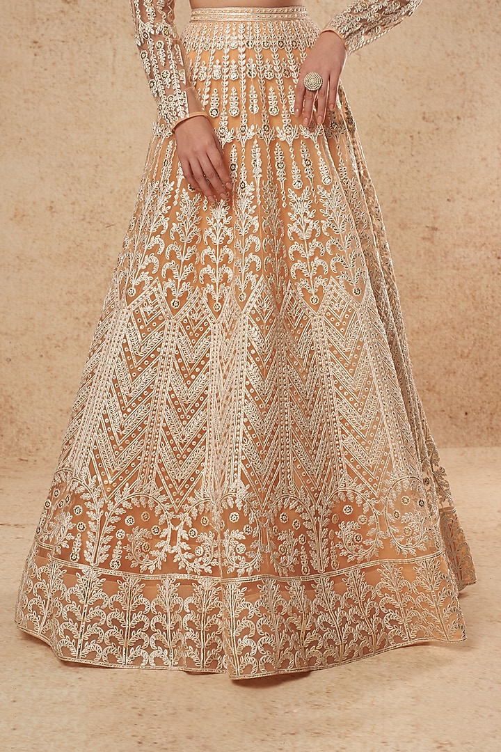 Peach Tulle Bridal Lehenga Set With Foil Work by Falguni Shane Peacock India at Pernia's Pop Up Shop