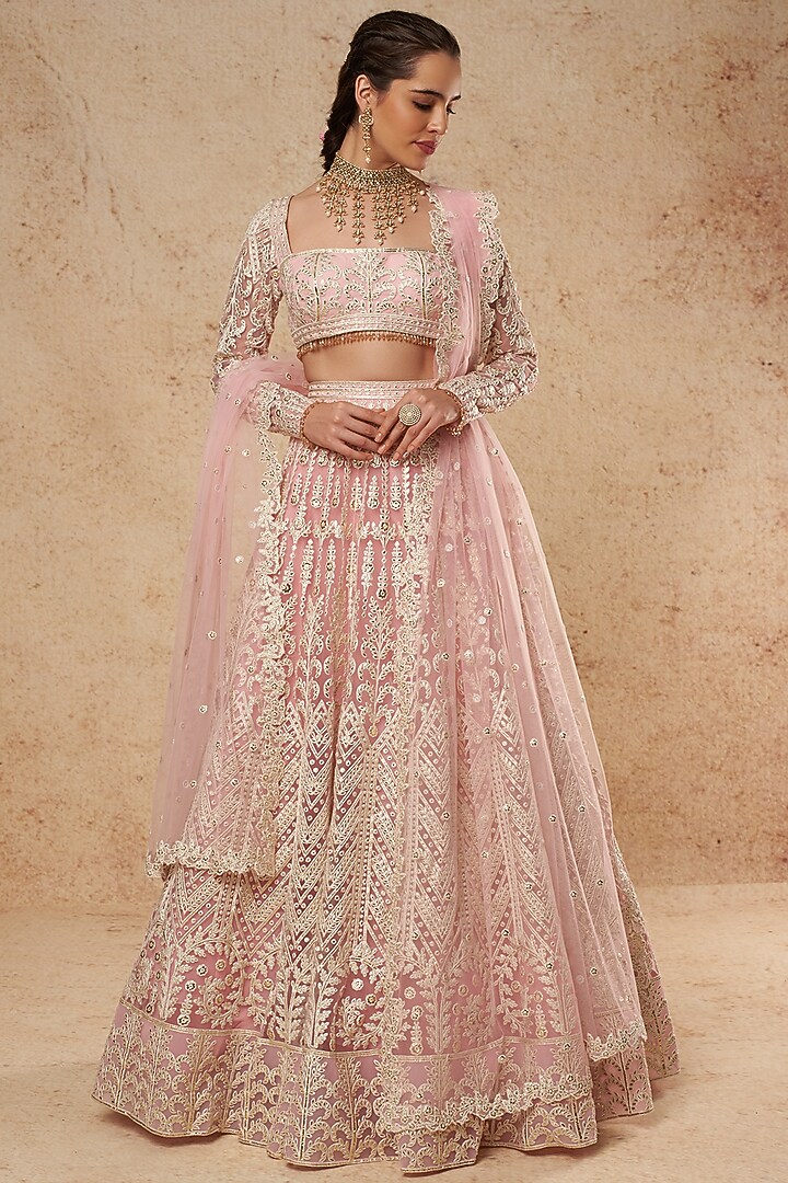 Blush Pink Tulle Bridal Lehenga Set With Gold Foil Work by Falguni Shane Peacock India at Pernia's Pop Up Shop