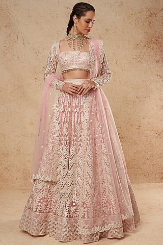 Blush Pink Tulle Lehenga Set With Gold Foil Work  by Falguni Shane Peacock India