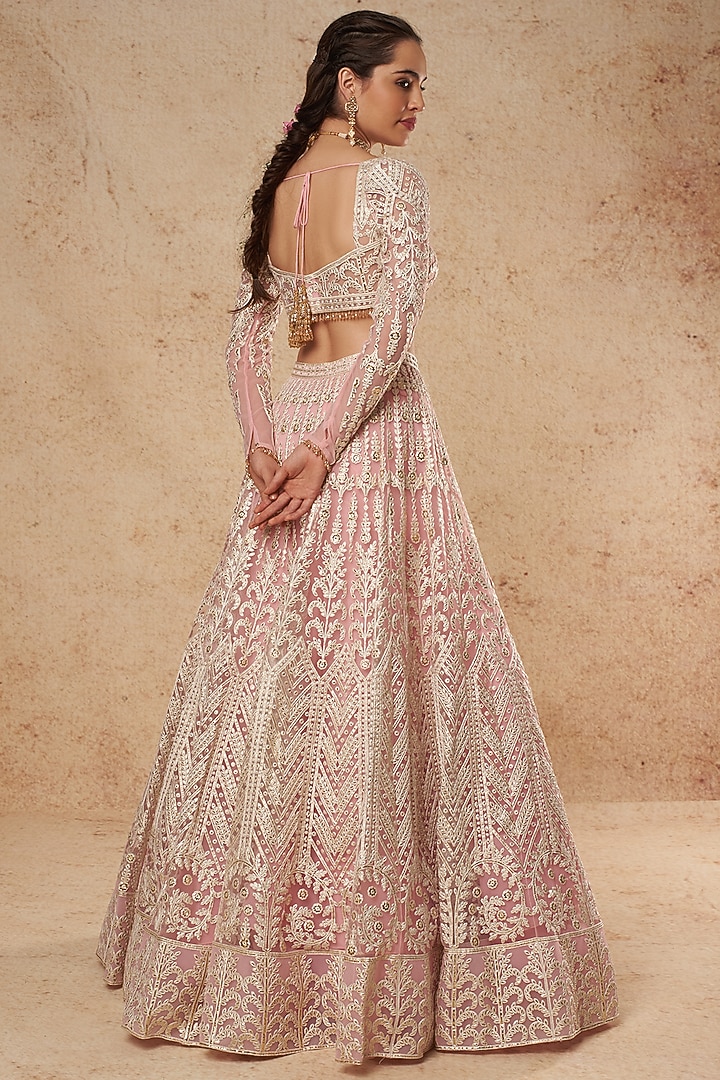 Blush Pink Tulle Bridal Lehenga Set With Gold Foil Work  by Falguni Shane Peacock India at Pernia's Pop Up Shop