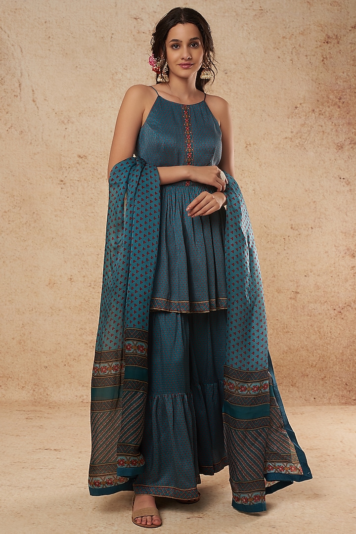 Sky Blue Printed Sharara Set by Falguni Shane Peacock India