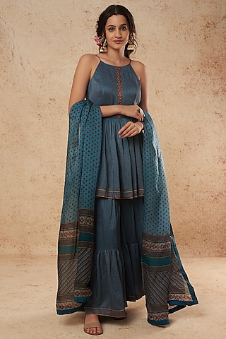 Sky Blue Printed Sharara Set by Falguni Shane Peacock India