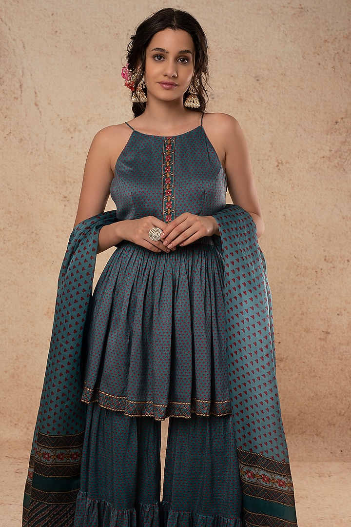 Sky Blue Printed Wedding Sharara Set by Falguni Shane Peacock India at Pernia's Pop Up Shop