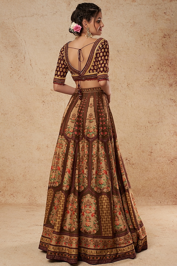 Ochre & Maroon Printed Bridal Lehenga Set by Falguni Shane Peacock India at Pernia's Pop Up Shop