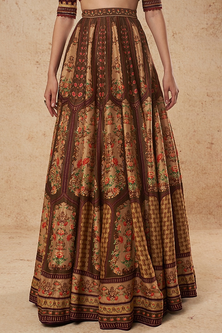 Ochre & Maroon Printed Bridal Lehenga Set by Falguni Shane Peacock India at Pernia's Pop Up Shop