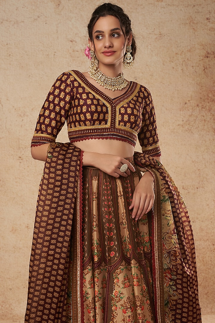 Ochre & Maroon Printed Bridal Lehenga Set by Falguni Shane Peacock India at Pernia's Pop Up Shop