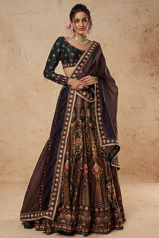 Teal Blue Silk Printed Lehenga Set by Falguni Shane Peacock India