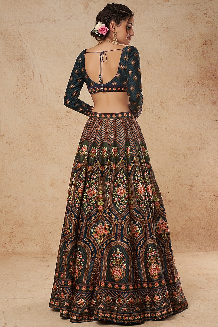 Teal Blue Silk Printed Bridal Lehenga Set by Falguni Shane Peacock India at Pernia's Pop Up Shop