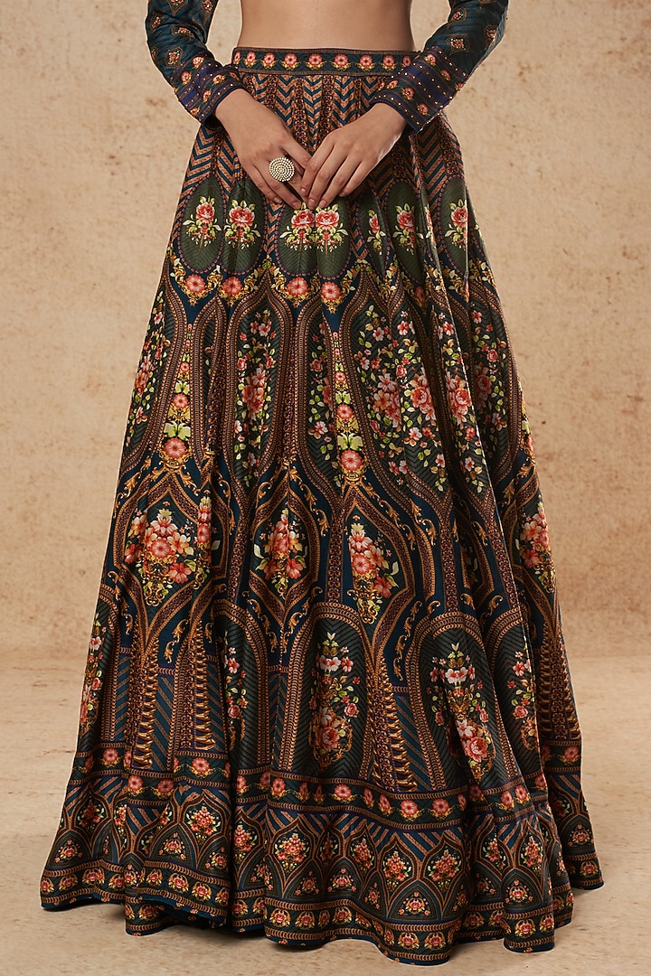 Teal Blue Silk Printed Bridal Lehenga Set by Falguni Shane Peacock India at Pernia's Pop Up Shop