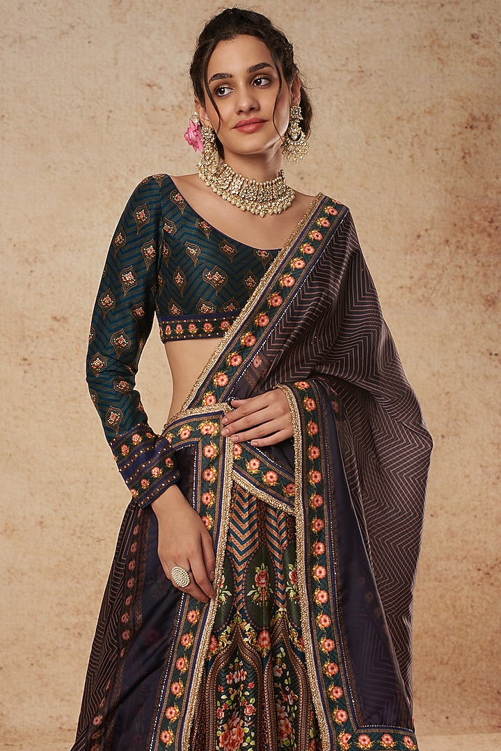 Teal Blue Silk Printed Bridal Lehenga Set by Falguni Shane Peacock India at Pernia's Pop Up Shop