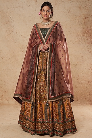 Ochre Yellow Printed Lehenga Set by Falguni Shane Peacock India