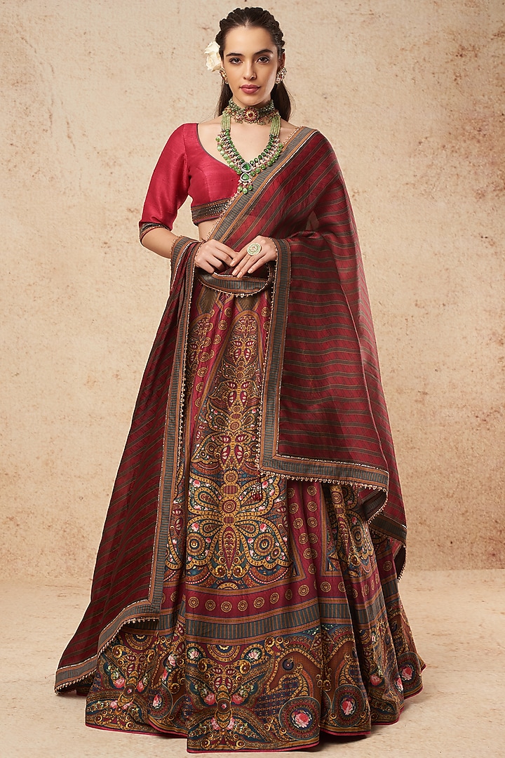 Multi-Colored Dupion Silk Printed Lehenga Set by Falguni Shane Peacock India