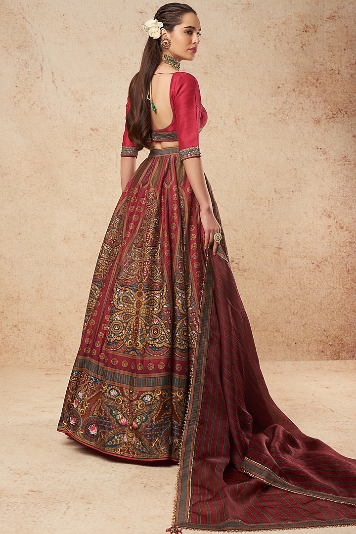 Multi-Colored Dupion Silk Printed Wedding Lehenga Set by Falguni Shane Peacock India at Pernia's Pop Up Shop