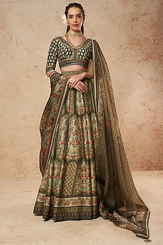 Emerald Green Printed Lehenga Set by Falguni Shane Peacock India
