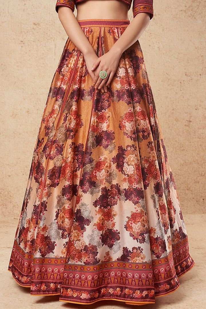Orange Dupion Silk Printed Wedding Lehenga Set by Falguni Shane Peacock India at Pernia's Pop Up Shop