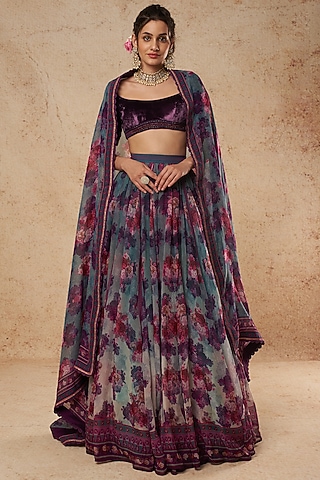 Purple Floral Printed Lehenga Set by Falguni Shane Peacock India