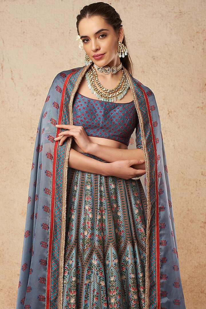 Sky Blue Printed Bridal Lehenga Set by Falguni Shane Peacock India at Pernia's Pop Up Shop
