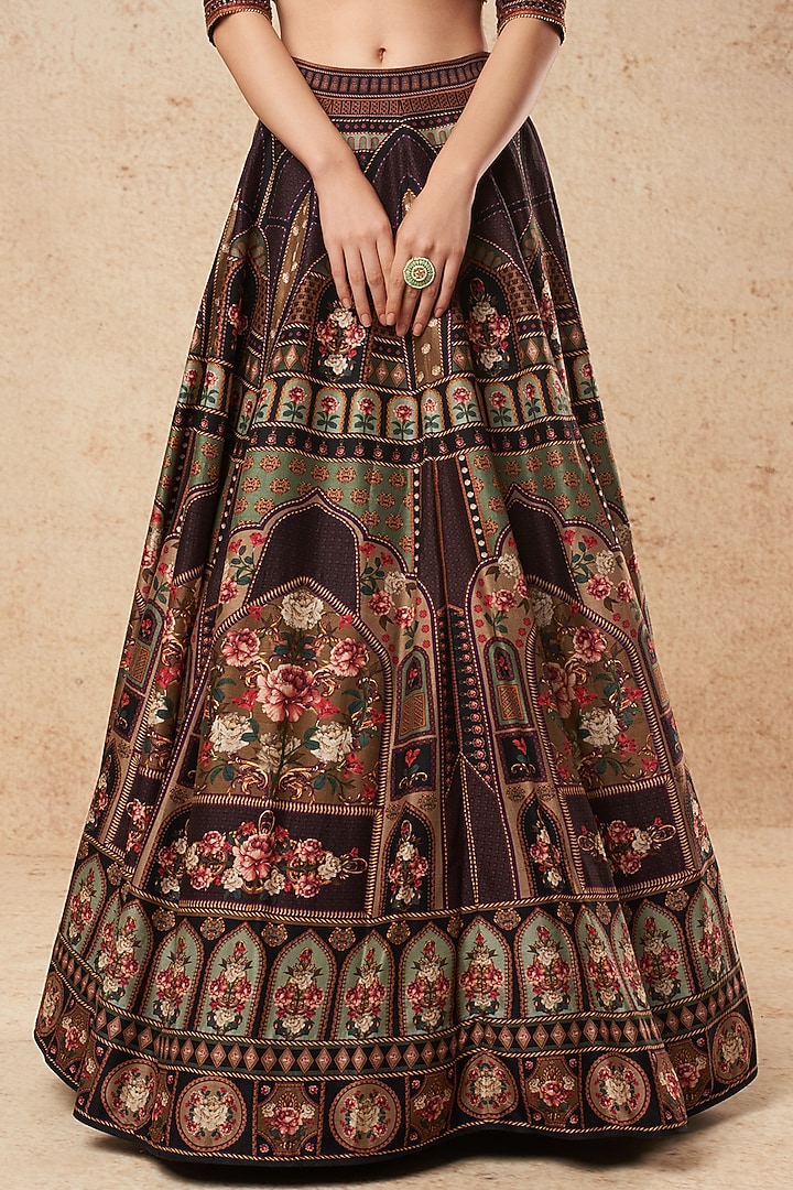 Black & Brown Printed Bridal Lehenga Set by Falguni Shane Peacock India at Pernia's Pop Up Shop