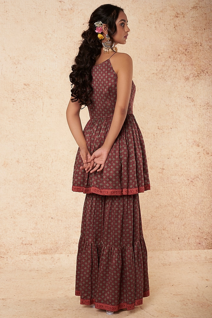 Maroon & Grey Silk Printed Wedding Sharara Set by Falguni Shane Peacock India at Pernia's Pop Up Shop