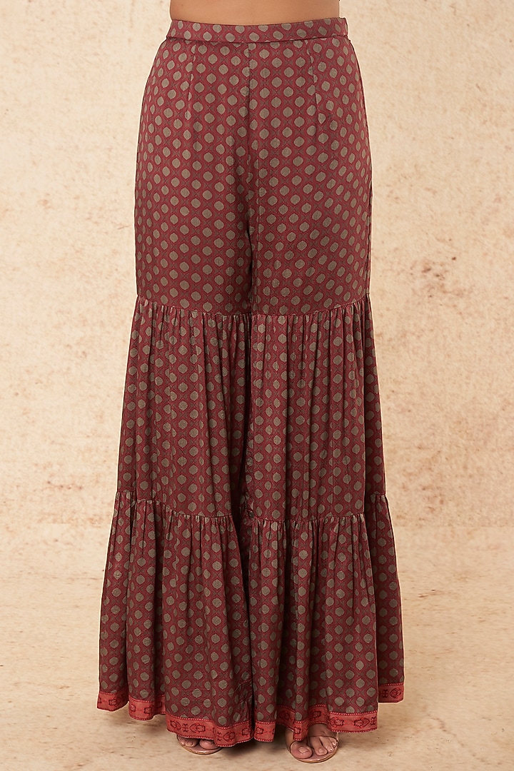 Maroon & Grey Silk Printed Wedding Sharara Set by Falguni Shane Peacock India at Pernia's Pop Up Shop