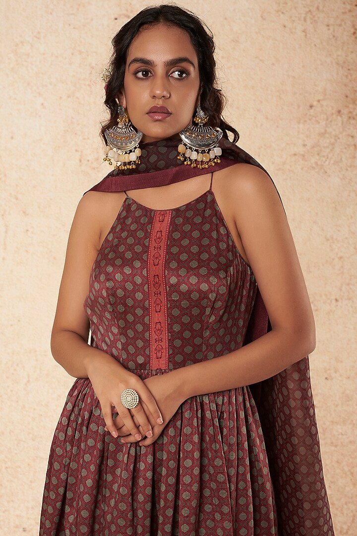 Maroon & Grey Silk Printed Wedding Sharara Set by Falguni Shane Peacock India at Pernia's Pop Up Shop