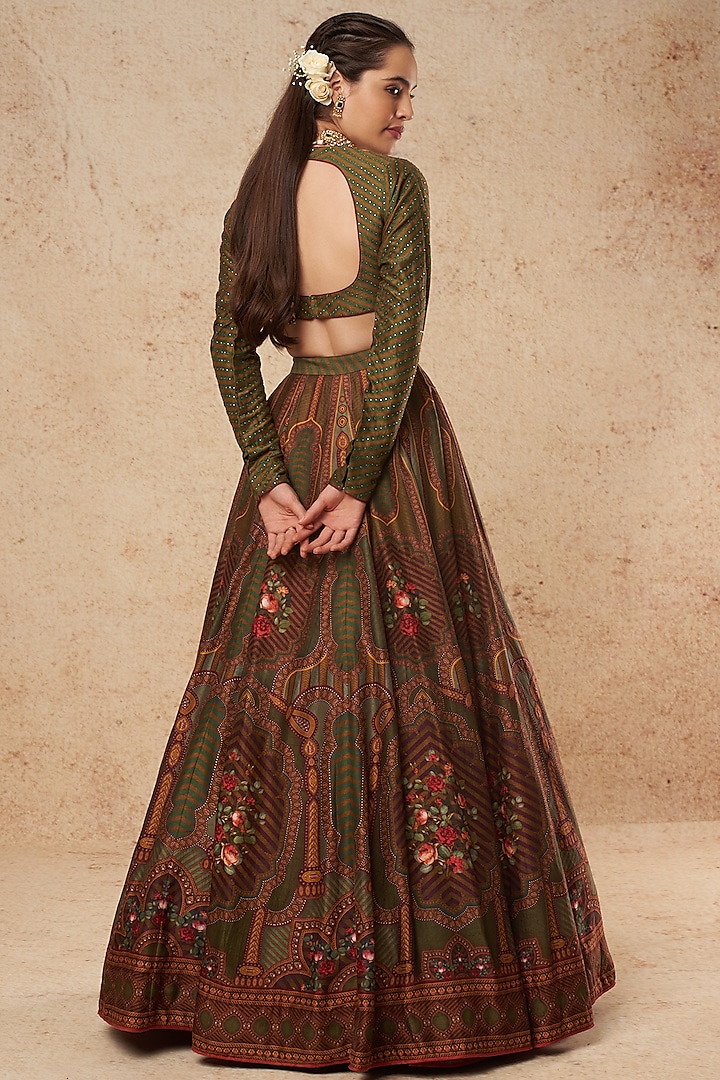 Green & Maroon Printed Bridal Lehenga Set by Falguni Shane Peacock India at Pernia's Pop Up Shop
