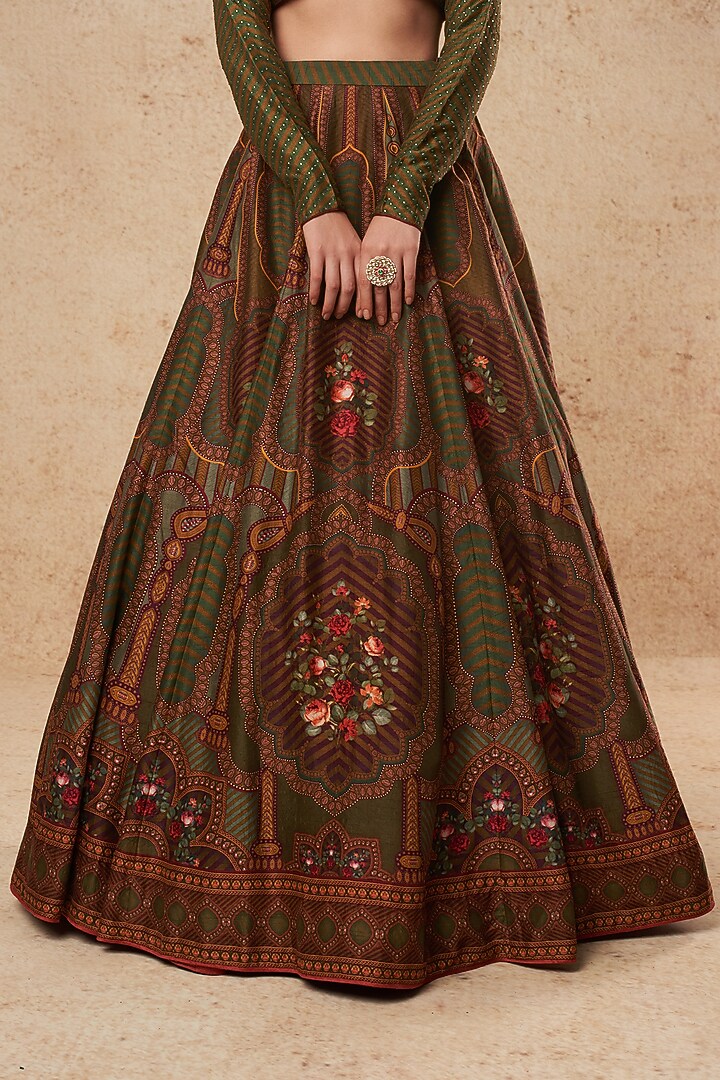 Green & Maroon Printed Bridal Lehenga Set by Falguni Shane Peacock India at Pernia's Pop Up Shop