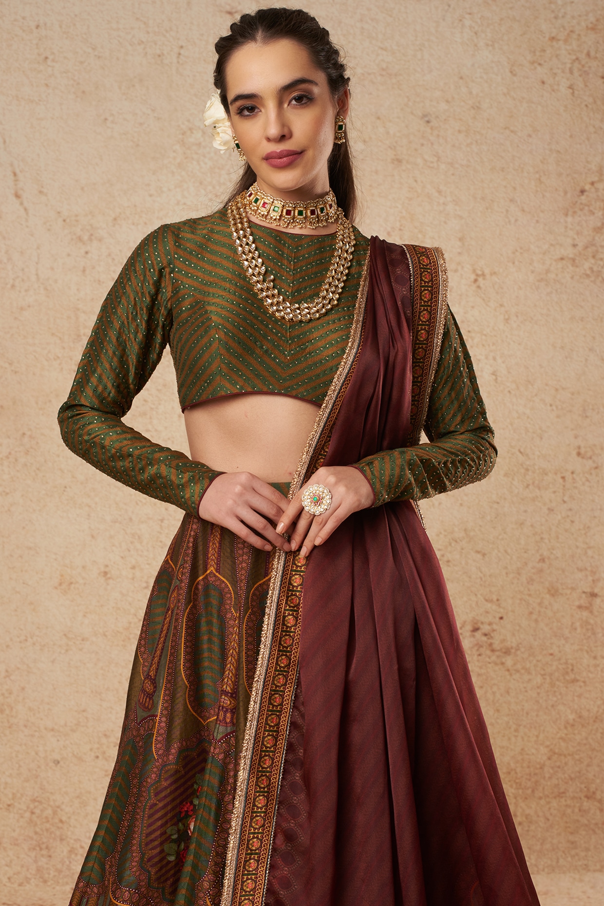 Buy Maroon Mix Print Kali Lehenga with an Embroidered Halter Neck Blouse  and Dupatta by Designer DRISHTI & ZAHABIA Online at Ogaan.com