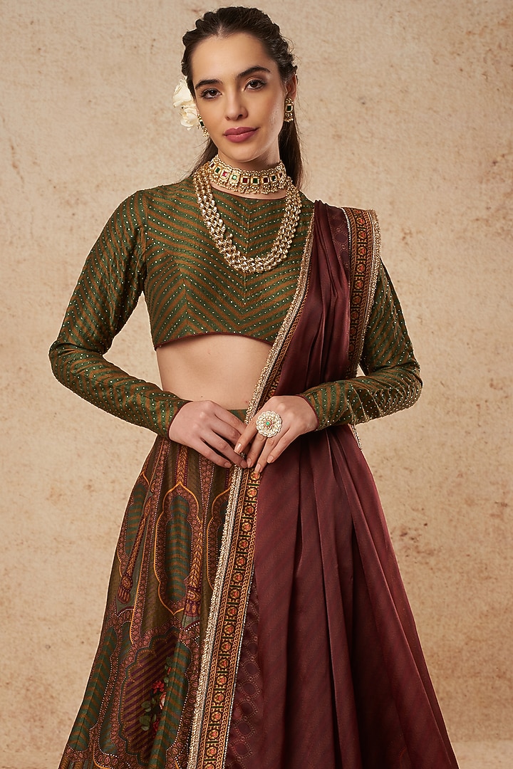 Green & Maroon Printed Bridal Lehenga Set by Falguni Shane Peacock India at Pernia's Pop Up Shop