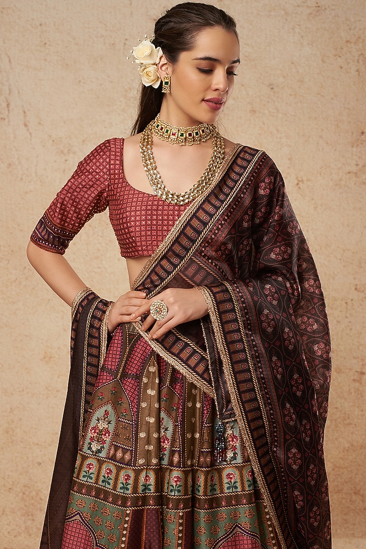 Pink & Brown Printed Bridal Lehenga Set by Falguni Shane Peacock India at Pernia's Pop Up Shop