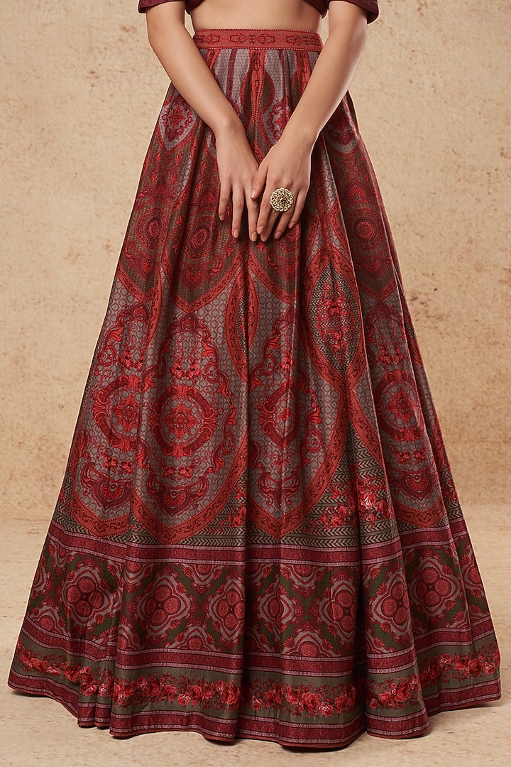Red & Grey Printed Wedding Lehenga Set by Falguni Shane Peacock India at Pernia's Pop Up Shop