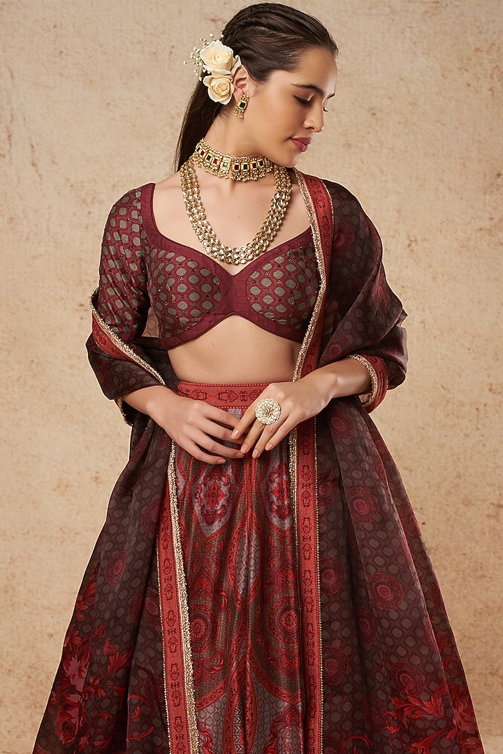 Red & Grey Printed Wedding Lehenga Set by Falguni Shane Peacock India at Pernia's Pop Up Shop