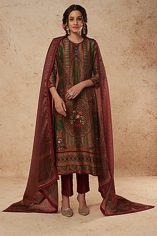 Green & Maroon Printed Kurta Set by Falguni Shane Peacock India