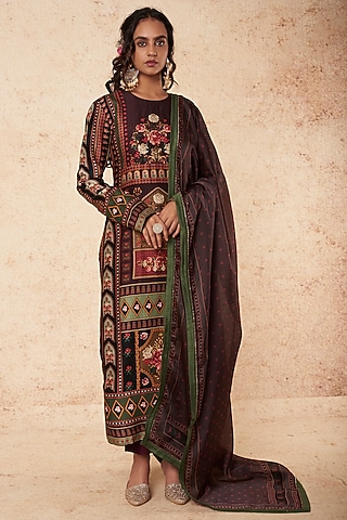 Black Silk Printed Kurta Set by Falguni Shane Peacock India