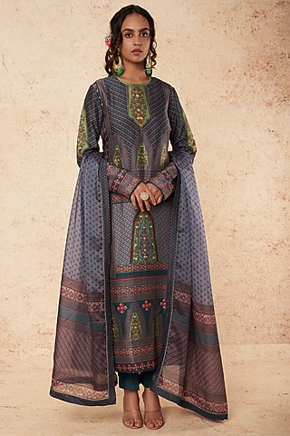 Blue Floral Printed Kurta Set by Falguni Shane Peacock India