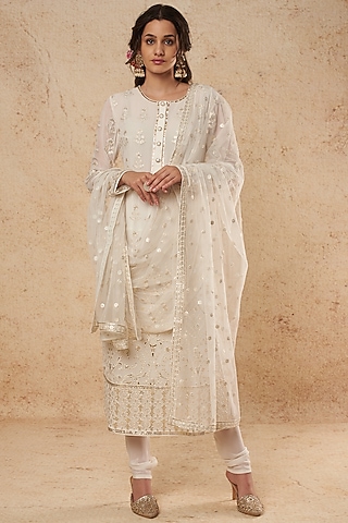 White Gold Foil Kurta Set by Falguni Shane Peacock India